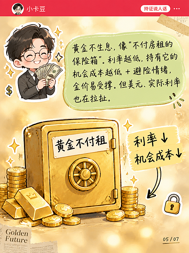小红书笔记内页，3:4竖版，手账拼贴风格，杂志海报感，版式精美，小红书笔记质感。顶部红色细通栏，左侧小卡豆头像，右侧标签「持证说人话」。左上角贴纸：Q版卡豆（戴圆框眼镜深灰西装）数钱开心的贴纸形象，笑容灿烂。中间偏上绿色圆角文案气泡，内文逐字锁定：「黄金不生息，像"不付房租的保险箱"。利率越低，持有它的机会成本越低 + 避险情绪，金价易受撑。但美元、实际利率也在拉扯」，黑色手写体字。画面下半部分：一个保险箱简笔画，上面写着「黄金不付租」，旁边有文字「利率↓ 机会成本↓」，配向下箭头。底部小字页码「05 / 07」。背景：浅金色渐变，贵气温暖。装饰：手绘保险箱和金币，1个🔒emoji小贴纸。整体氛围：形象比喻、易懂好记。画质：高清细腻，信息层级清晰，文字可读。