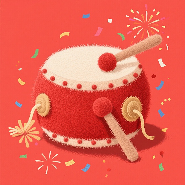 一个中式红色锣鼓，正视图，两只棒槌，漂浮着小彩带、小烟花等元素，喜庆氛围，红色背景