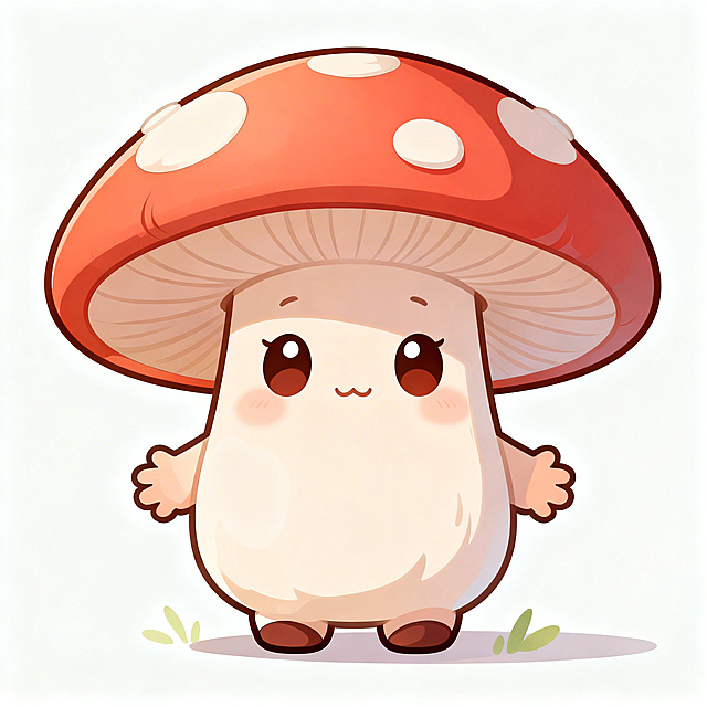 一个蘑菇小姑娘，整体是蘑菇造型，拥有小姑娘的可爱面部，带有小小的手和脚，卡通风格，整体色调治愈清新，面部软萌可爱，拥有一双大大的眼睛，画面干净明亮
