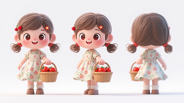 软3D风卡通女孩，手提番茄篮，可爱表情，清新田园风格。