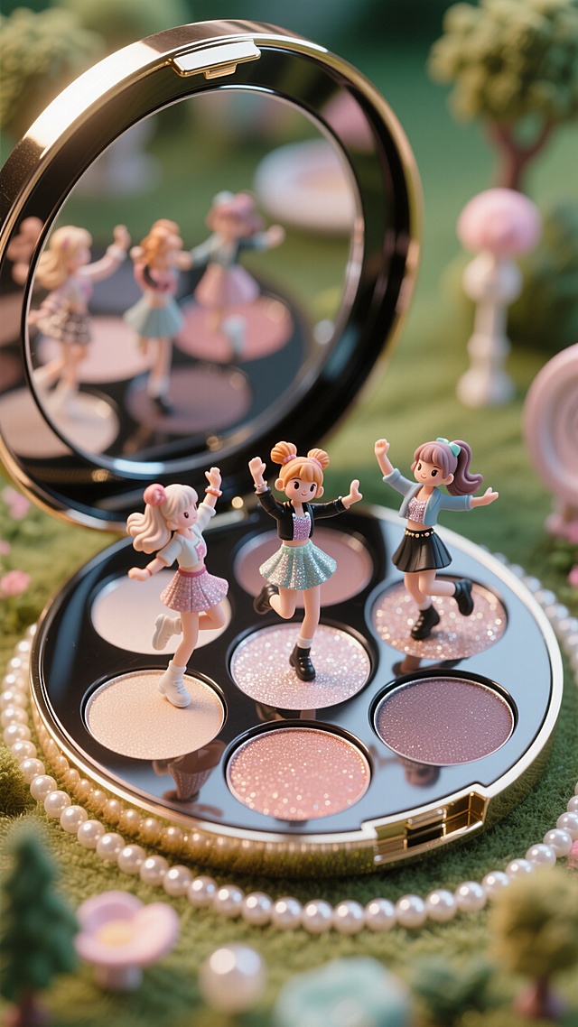 一个巨大的圆形眼影盘，上面有三个迷你时尚女孩跳舞