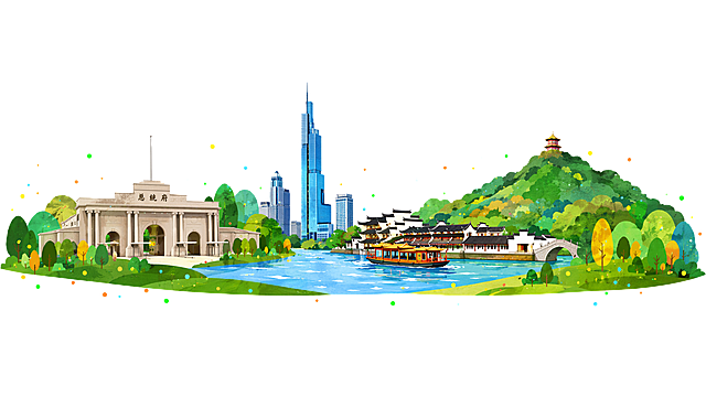 现代感与传统融合的3D风城市景观，霓虹灯点缀，科技感十足，展现未来南京风貌。