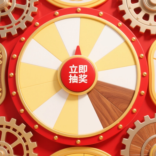 圆形抽奖转盘，保持红色与黄色的主色调，红色边框带有金色铆钉装饰，中心为红色圆形按钮，内部白色“立即抽奖”文字，转盘分为均等的白色与浅黄色相间扇形区域，呈现多种不同风格——有的转盘边缘为复古齿轮样式，金属材质质感强烈，齿轮纹路清晰可见；有的转盘采用光滑的塑料材质，表面有轻微的反光效果，边缘呈流线型设计；有的转盘则是木质纹理，扇形区域用不同深浅的木纹区分，边框为黄铜包边，整体散发着自然质朴的气息，……预览效果