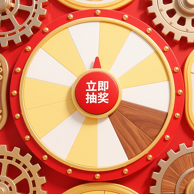 圆形抽奖转盘，保持红色与黄色的主色调，红色边框带有金色铆钉装饰，中心为红色圆形按钮，内部白色“立即抽奖”文字，转盘分为均等的白色与浅黄色相间扇形区域，呈现多种不同风格——有的转盘边缘为复古齿轮样式，金属材质质感强烈，齿轮纹路清晰可见；有的转盘采用光滑的塑料材质，表面有轻微的反光效果，边缘呈流线型设计；有的转盘则是木质纹理，扇形区域用不同深浅的木纹区分，边框为黄铜包边，整体散发着自然质朴的气息，所有转盘均保持相同的红色与黄色配色方案，光影效果柔和，高光集中在边框和中心按钮处，营造出立体感和精致的视觉效果。
