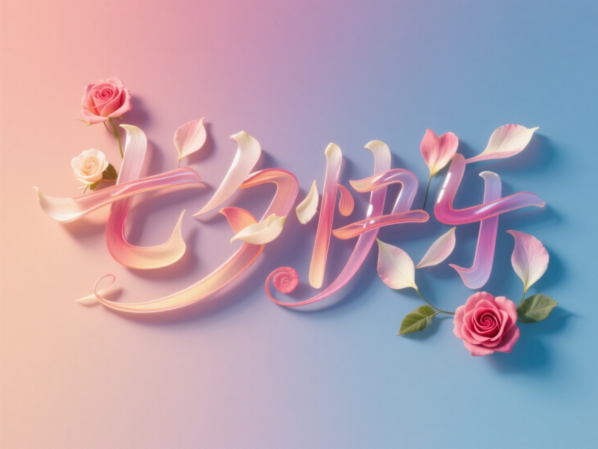 文字"七夕快乐"，线条流畅，手写，玫瑰花瓣拼出艺术字。创意字体设计点缀花朵元素。渐变背景，浪漫七夕氛围。预览效果