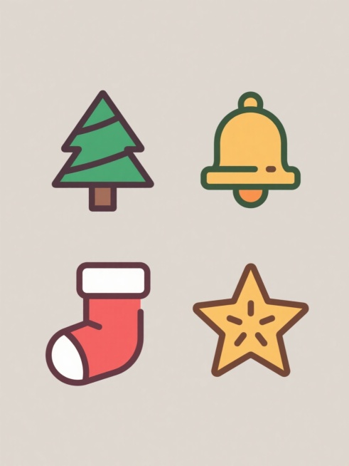 一组四个圣诞节主题图标，每个图标都有不同的圣诞元素，包括圣诞树、铃铛、圣诞袜和星星，每个元素都有独特的色彩搭配，采用扁平化设计风格，线条简洁流畅，色彩鲜明，具有清晰的轮廓和简单的几何形状，每个图标都放置在纯色背景上，整体排列整齐有序，形成一个统一的系列素材集合。预览效果