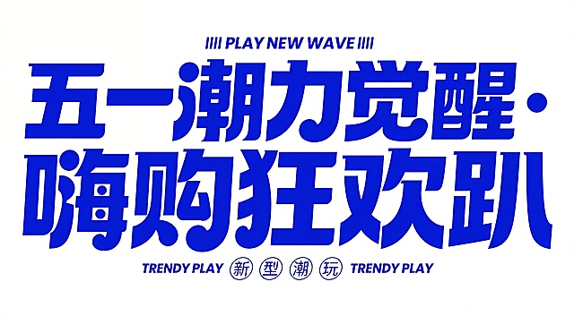 干净的纯白色背景。平面艺术字体设计，主体文字“五一潮力觉醒・嗨购狂欢趴”，所有文字单行横向排列，粗厚方正粗体字形，部分笔画做圆润曲线变形处理，字间距紧凑，整体动势现代动感。主体色为克莱因蓝色，无描边。上方保留短小英文装饰“PLAY NEW WAVE”，下方保留四个小圆装饰文字，和原图排版结构保持一致。仅包含“五一潮力觉醒・嗨购狂欢趴”核心文字，不得增加遗漏文字。文字整体完整呈现，四周留安全边距。比例16:9。