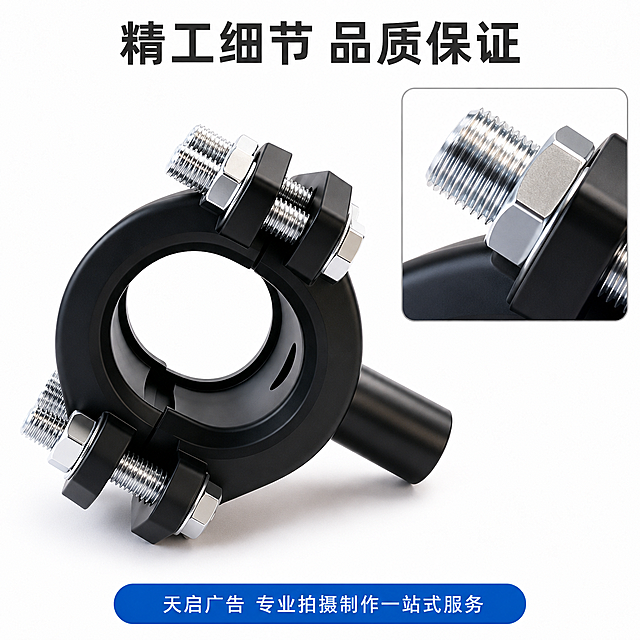 [主图-3] 管道连接件材质细节展示图。
[氛围风格] 简约大气专业风格突出产品做工质感；
[画质] 商业摄影质感、光线柔和通透、产品清晰真实、画面干净高级。
[元素] 主体为黑色管道连接件，画面右上角增加一个螺纹接口部位的局部放大特写框，清晰展示螺纹细节和加工精度。主体产品和特写保持外观物理结构材质质感颜色与输入产品图绝对一致，杜绝任何变形和色差。
[光影] 主光线聚焦产品结构细节，金属螺纹处光线充足，清晰展现加工精度和金属质感。
[配色] 纯白背景，产品黑色搭配银色金属，特写框用浅灰色描边区分。
[文字版式] 顶部大字标题写"精工细节 品质保证"，底部蓝色标签写"天启广告 专业拍摄制作一站式服务"，文字简洁不遮挡产品主体。
[比例分辨率] 1:1 比例，2048px分辨率，文字清晰可辨，超高清。
[负向提示词] 变形，水印，文字错乱，产品图模糊，背景杂乱，色差