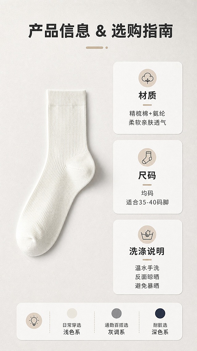 [商品] 使用【图1】中的本白色中筒袜作为产品标准图，保留中筒版型、针织棉材质、本白颜色、袜口袜跟结构；商品处理：自然理顺袜型，增强针织纹理质感，去除原图格子线和文字标签，不改变袜子颜色和版型。
[画面] 页面目标：产品信息+尺码选购页。画面左侧放一只本白色中筒袜平铺图作为产品示意，右侧和下方放信息卡区域；产品占画面约30%；背景为浅灰色带细腻纸张质感；信息采用圆角卡片式排版；阅读动线从左到右、从上到下。
[视觉] 套系策略：风格=极简高级日系杂志风；标题字=现代无衬线粗体（思源黑体Heavy）；正文字=简洁无衬线体（思源黑体Regular）；主色=莫兰迪灰调；背景延展=基于浅灰做深浅层级渐变、同色系柔和过渡和细腻纸张/织物质感；强调色=奶茶棕，仅用于小面积图标、引线和标签；标题色=深炭灰；正文色=中暖灰；组件=圆角浅底信息卡、细线引线、极简色标；光影=顶部柔和漫射光，袜子底部带自然投影。
[文字] 画面上方居中放主标题"产品信息 & 选购指南"；下方分三个信息卡：「材质」精梳棉+氨纶 柔软亲肤透气、「尺码」均码 适合35-40码脚、「洗涤说明」温水手洗 反面晾晒 避免暴晒；底部加一行选购建议："日常穿选浅色系，通勤百搭选灰调系，耐脏选深色系"；文字横排，字号层级清晰，手机端可读；不遮挡袜子主体。
[规格] 图片比例9:16竖版，4K，避免变形、错字、文字过小、袜子颜色改变、版型失真、格子线、原图文字标签残留、冷蓝/蓝灰背景、绝对化用语。