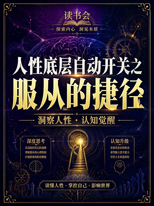 读书会大字报海报，主题"人性底层自动开关之服从的捷径"，深邃心理学风格，深蓝紫+暗金配色，神秘感与深度感，3:4竖版比例。画面中央超大主标题"人性底层自动开关之服从的捷径"，分两行排版，粗体衬线字体，白色/金色文字，视觉冲击力强。副标题"洞察人性 · 认知觉醒"在主标题下方。深蓝紫渐变底色，从深紫到藏青的深邃过渡。背景装饰：抽象的大脑神经脉络线条、几何齿轮图案、暗金色光效线条，营造深度思考氛围。版式精美，大字报风格，文字占据画面主要视觉重心，四周留安全边距。不放地址、时间、报名方式。画面中所有信息区域必须填充完整合理的内容。