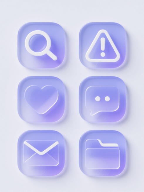 一套6个完全不同造型的系列UI图标集合，保持现代简约的半透明玻璃拟态风格，每个图标都具有精致的白色描边轮廓、光滑的渐变填充、微妙的高光和阴影效果，呈现出柔和的立体感和通透质感，整体采用统一的圆角设计语言，图标内容分别为：1. 放大镜搜索图标，2. 三角形感叹号警告图标，3. 气泡对话框图标，4. 心形图标，5. 信封邮件图标，6. 文件夹图标，所有图标规整地以2x3网格形式排布在纯白色纯色背景……预览效果