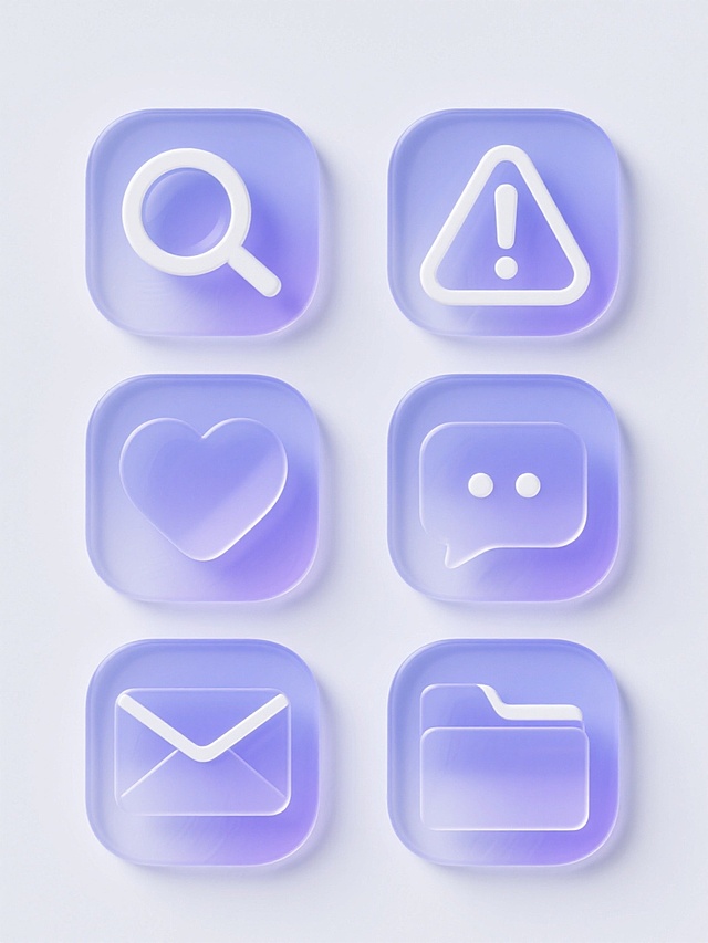 一套6个完全不同造型的系列UI图标集合，保持现代简约的半透明玻璃拟态风格，每个图标都具有精致的白色描边轮廓、光滑的渐变填充、微妙的高光和阴影效果，呈现出柔和的立体感和通透质感，整体采用统一的圆角设计语言，图标内容分别为：1. 放大镜搜索图标，2. 三角形感叹号警告图标，3. 气泡对话框图标，4. 心形图标，5. 信封邮件图标，6. 文件夹图标，所有图标规整地以2x3网格形式排布在纯白色纯色背景上，画面整体色彩变换为清新的蓝紫色调，图标之间保持均匀一致的间距，整体视觉效果简洁、现代且富有层次感，适合用于移动应用或网站的界面设计素材。