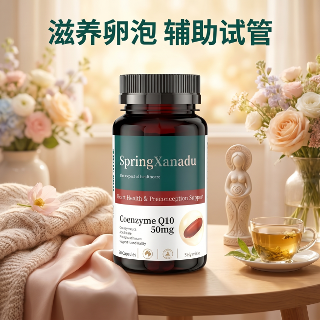 去除图片下方孕妇图案，保持图片宽高比例1:1；将顶部文字修改为"滋养卵泡 辅助试管"，推广备孕主题，修改背景图片，增加温馨感激发备孕购买欲望，保留原辅酶Q10产品瓶身，整体构图协调美观预览效果