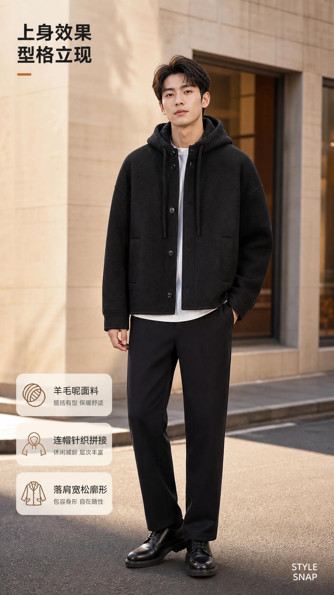 [商品] 使用【图1】男士黑色连帽短款毛呢大衣；商品处理：保留… - 图片创意预览