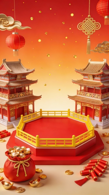 3D立体风格春节主题场景，以红色和金色为主色调，明亮温暖的光影效果，中央是一个红色台面、黄色围栏的八边形展台，展台两侧各有一座传统中式阁楼建筑，建筑细节精致，具有明显的飞檐和雕花装饰。前景左侧有一个装满金元宝的红色钱袋，钱袋上有金色绳结，周围散落着金元宝和红色鞭炮。背景为渐变的橙红色天空，点缀着金色的祥云和飘落的金色光点，取代原有烟花的是悬挂的红色灯笼和金色中国结，整体画面充满喜庆、祥和的春节……预览效果