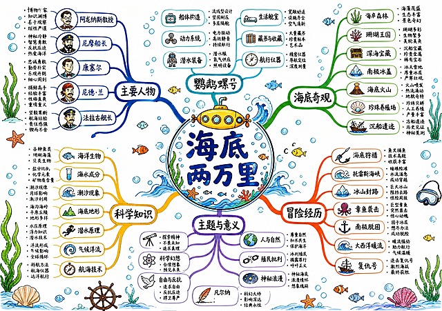 一张横版A4尺寸的思维导图海报，纯白底色，马克笔手绘风格，内容丰富饱满。画面中心是醒目的圆形主题框，内写"海底两万里"五个大字，字体为粗马克笔手写风格，主题框周围装饰潜水艇、气泡、海浪和小鱼图案。

从中心向四周辐射出六条主分支，用不同颜色的马克笔粗线条绘制，每条主分支有6-7个子节点，子节点再延伸出细节小点，整体信息密度高、内容丰富：

左上分支（深蓝色线条）："主要人物"，子节点——"阿龙纳斯教授"、"尼摩船长"、"康塞尔"、"尼德·兰"、"法拉古舰长"，每个子节点配简笔人物头像小图标（学者/船长/仆人/捕鲸手/舰长）。

正上分支（青蓝色线条）："鹦鹉螺号"，子节点——"船体构造"、"动力系统"、"潜水装备"、"生活舱室"、"藏书与收藏"、"航行仪器"，配潜水艇/螺旋桨/潜水服/仪表盘等简笔图标。

右上分支（海绿色线条）："海底奇观"，子节点——"海底森林"、"珊瑚王国"、"深海宝藏"、"南极冰盖"、"海底火山"、"珍珠养殖场"、"沉船遗迹"，配海藻/珊瑚/宝箱/冰山/火山等简笔图标。

右下分支（橙红色线条）："冒险经历"，子节点——"海底狩猎"、"托雷斯海峡"、"冰山封路"、"章鱼袭击"、"南极脱困"、"大西洋暖流"、"复仇号"，配鱼叉/冰山/章鱼/船锚等简笔图标。

左下分支（金黄色线条）："科学知识"，子节点——"海洋生物"、"海水成分"、"潮汐现象"、"海底地形"、"潜水原理"、"气候洋流"、"航海技术"，配鱼群/试管/波浪/指南针等简笔图标。

正下分支（紫色线条）："主题与意义"，子节点——"探索精神"、"科学幻想"、"自由与反抗"、"人与自然"、"殖民批判"、"神秘浪漫"、"凡尔纳"，配望远镜/地球/翅膀/羽毛笔等简笔图标。

整体风格：马克笔手绘质感强烈，线条有明显的粗细变化和手绘抖动感，颜色饱满明快，有马克笔叠色和晕染效果，白底干净清爽。分支线条流畅自然，文字全部为中文手写体，清晰可读。画面中还散布手绘装饰元素：气泡、小鱼、海星、贝壳、海草、水波、潜水镜、船舵等海洋主题小图案，让整张图丰富有趣。画面四周留有适当边距，构图均衡饱满，充满海洋探险的奇幻氛围。版式精美，是一张完整可用、内容丰富详实的思维导图成品。

画面中所有文字必须完整清晰呈现，所有分支和子节点的文字都要准确显示，不得遗漏。画面中所有信息区域必须填充完整合理的内容，不得出现空白框或待填写区域。