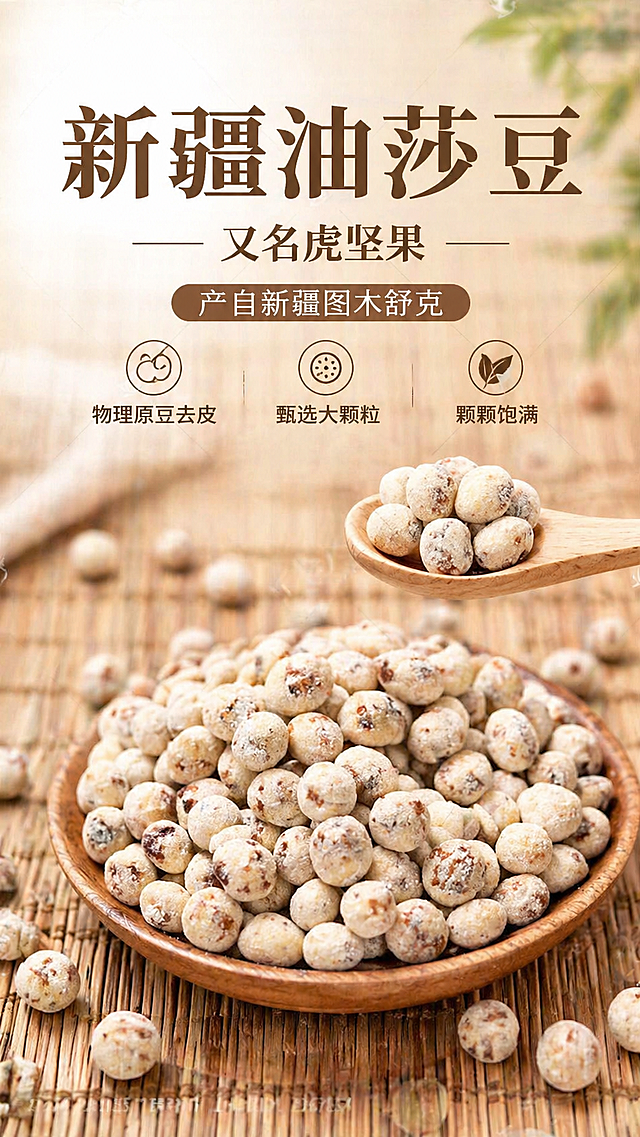 油莎豆电商详情页首屏海报，主标题：新疆油莎豆，又名虎坚果，副标题：产自新疆图木舒克，物理原豆去皮，甄选大颗粒，颗颗饱满。使用提供的油莎豆素材，展示木盘里饱满的油莎豆产品，干净自然的食品风格，9:16竖版，排版大气突出产品
