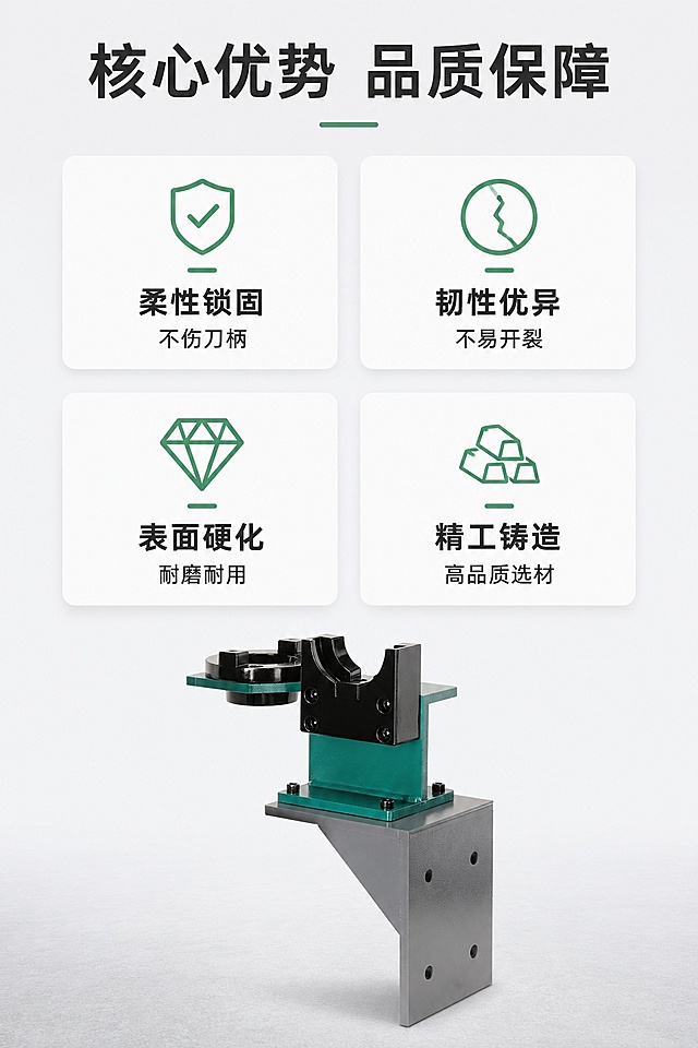 [第2屏] 详情页核心卖点页-立卧两用锁刀座核心优势总览。本屏使用【图1】作为商品展示主体。
[氛围/风格] 简约专业工业风，浅灰色背景，清晰信息分区，干净利落的设计风格。
[元素布局] 顶部大标题区，中部四宫格排列四个卖点图标卡片，产品图放在底部展示，占比约30%。产品结构、颜色与原图保持一致。
[光影质感] 均匀柔光照明，卡片阴影柔和，整体明亮干净，产品边缘清晰。
[配色色系] 全局底色 #f0f0f0；主色浅灰；辅助色深灰标题、绿色点缀、黑色文字。
[视角构图] 平视视角，从上到下排版，信息层级清晰。
[文字版式] 顶部大标题「核心优势 品质保障」，中部2行2列四宫格，每个卖点卡片一个图标加文字：第一个「柔性锁固 不伤刀柄」，第二个「韧性优异 不易开裂」，第三个「表面硬化 耐磨耐用」，第四个「精工铸造 高品质选材」。文字清晰，不遮挡产品主体。
[比例分辨率] 9:16 竖版比例，4K分辨率，文字清晰可辨，高清画质。
[负向提示词] 产品变形，文字错乱，颜色偏差，布局拥挤，水印，背景杂乱