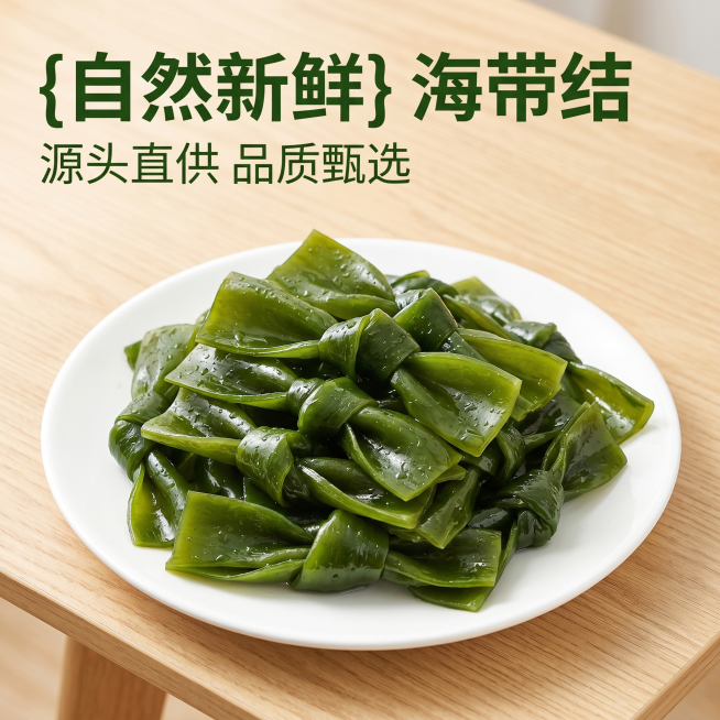 [主图 1] 新鲜打捞海带结电商首图，场景放在干净浅木色餐桌上，放置一个洁白瓷盘，海带结整齐堆叠在盘子里，色泽翠绿油亮，表面带着水珠显得格外新鲜诱人。氛围风格：生鲜食材新鲜自然风，食欲感满满；画质：商预览效果