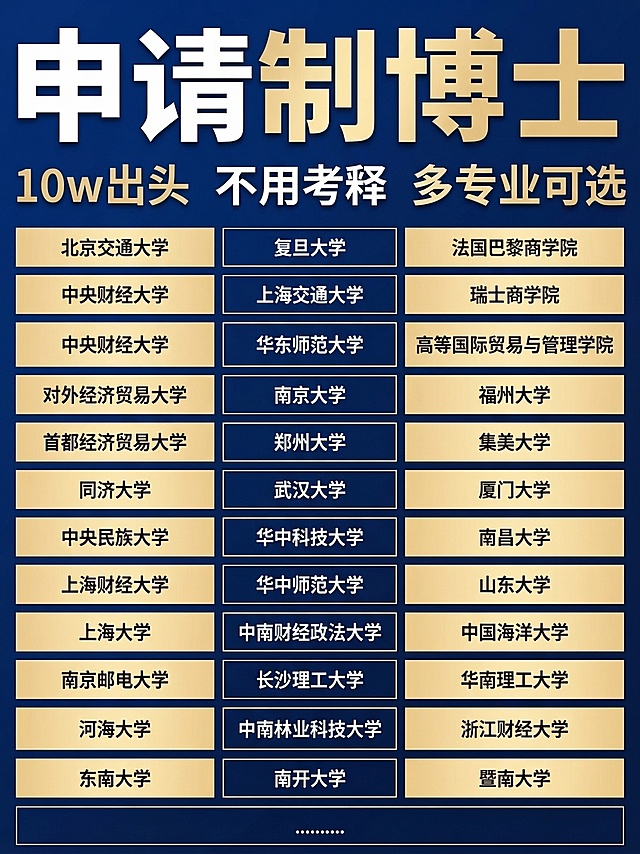 教育宣传海报，大标题为“申请制博士”，保留原图片中完整学校列表表格内容，深蓝色商务风，高端正式，文字突出，规整排版，保持表格内容不变