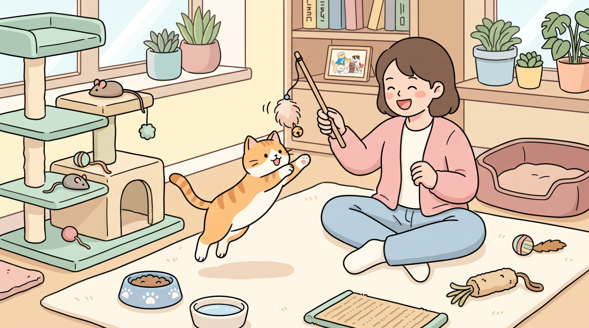 生成室内宠物猫咪和主人在家互动，旁边放着宠物用品和玩具的插画，生动活跃具有生命力，画面丰富温馨有故事感，色彩柔和，打动人心，不要加任何文字，参考图中可爱简约的线条卡通插画风格，搭配柔和马卡龙色系预览效果