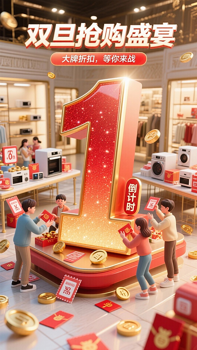 巨大的数字“1”在画面中间，红金渐变，带有闪亮效果。旁边是简单的“倒计时”。背景为豪华的购物厅，桌子上摆满了各种特卖电器和折扣标签。男生女生在前面抢购，旁边有金币、红包和优惠券。主标题"双旦抢购盛宴"，副标题"大牌折扣，等你来战“。