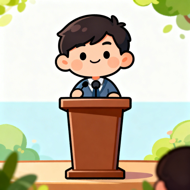 一个卡通人物正在舞台上进行演讲，表情自信，站在演讲台后，背景干净明亮，整体风格活泼可爱，色彩鲜艳明亮，卡通插画风格，画面构图饱满预览效果