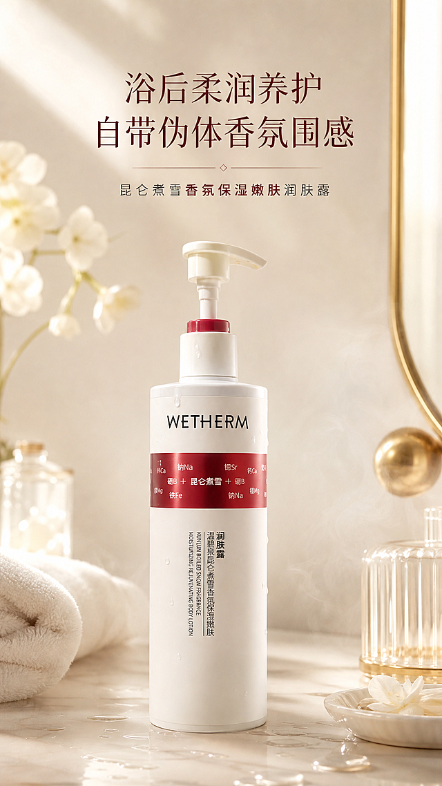 高级治愈浴室暖光场景，柔和朦胧光影，台面上摆放温碧泉昆仑煮雪香氛润肤露，瓶身完全参照https://0.jpg样式，整体纯净高级氛围感，主色调米白+酒红+浅金，顶部大标题"浴后柔润养护，自带伪体香氛围感"，副标题"昆仑煮雪香氛保湿嫩肤润肤露"，排版大气精致，竖版构图