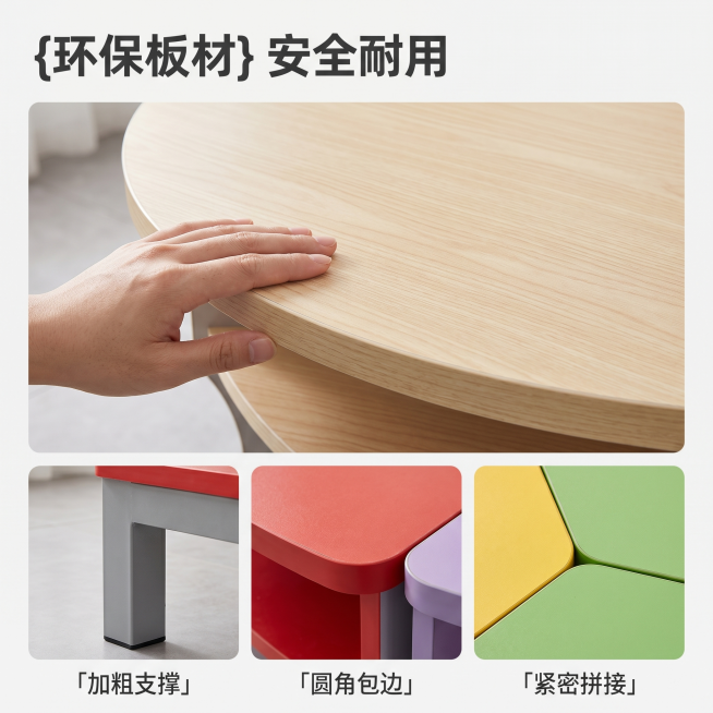 [主图 3] 阅览桌板材材质与工艺细节展示。[氛围风格] 品质细节特写风格；[画质] 商业摄影质感、光线柔和通透、产品清晰真实、画面干净高级。[元素] 保持阅览桌产品外观（物理结构、材质质感、拼色设计预览效果