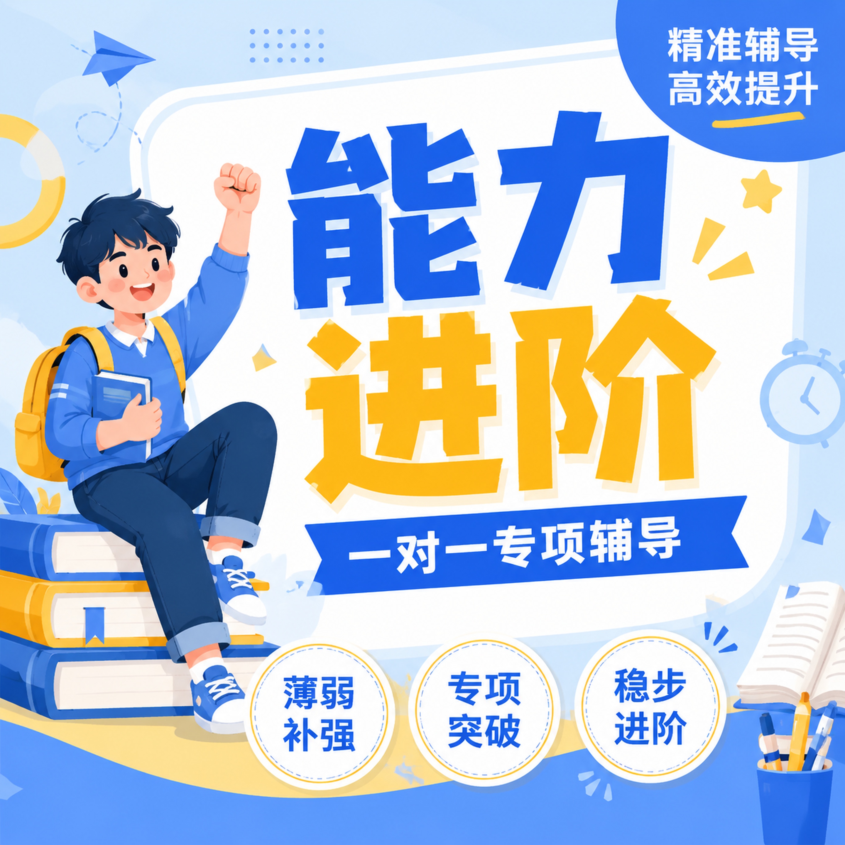 扁平插画风格教育培训海报，延续参考图蓝黄清新配色，1:1正方形… - 图片创意预览