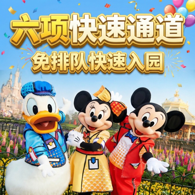 主标题为“六项快速通道”，采用醒目的黄白渐变立体加粗字体；下方配有“免排队快速入园”的促销文案，整体风格是商业电商风，色彩鲜艳明快，充满童话感与节日氛围，画面具有强烈的视觉吸引力和立体感，图片比例为预览效果