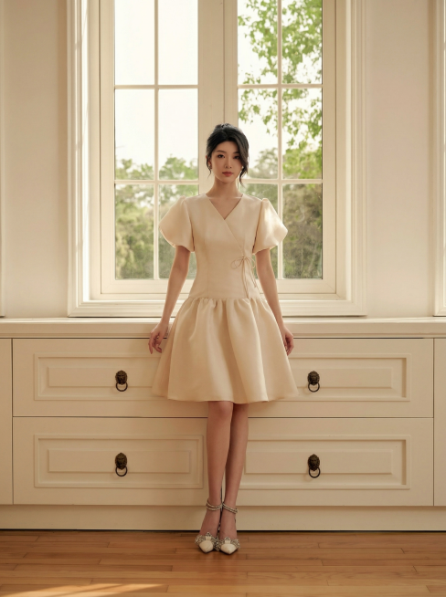 100%保留人物原生面部特征、五官比例与骨相轮廓。保持原场景元素和风格不变，调整为中远景构图，人物站立，膝盖以上四分之三身体可见，更换动作为面向镜头看镜头，景深随景别变化自然虚化背景，照片级真实质感，预览效果