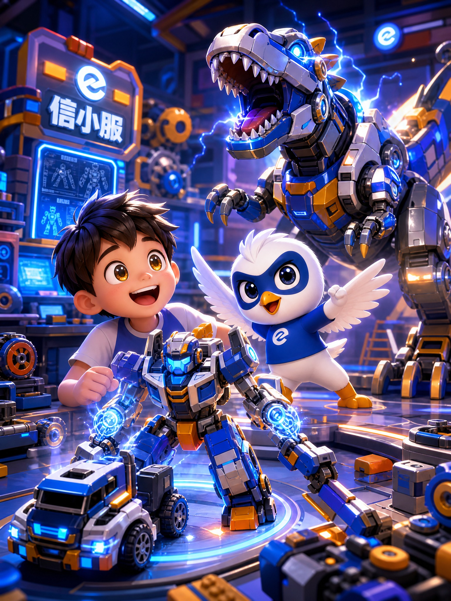 3D卡通风格，基于参考图中的蓝白小鸟IP信小服创作。画面中心是… - 图片创意预览