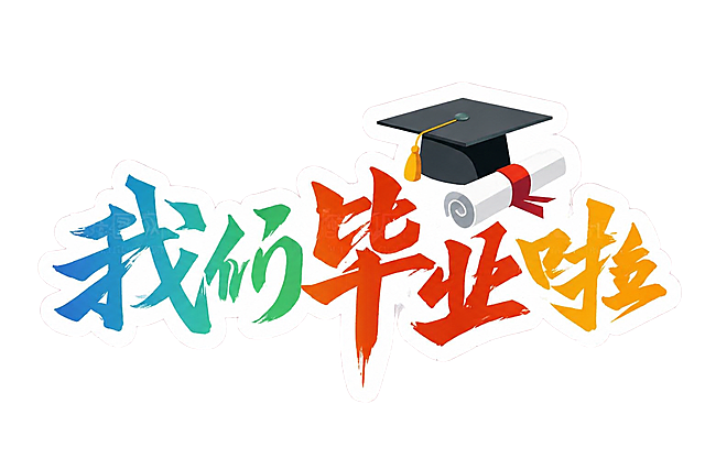 参考原图风格，重新生成毕业主题字体设计，保留文字内容“我们毕业啦”，保留学士帽和卷轴元素，保持渐变色彩的书法字体风格，浅白底背景