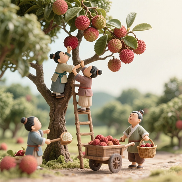 古代田园劳作景象写实风格。几个身着传统服饰、梳着发髻的小巧人偶围绕一颗荔枝树采摘荔枝，有两个人在荔枝树上摘荔枝，树下还倚靠着一个木梯子，一人推着装满荔枝的木车，一人提装满荔枝的篮子，背景是大片荔枝林，营造出忙碌而生动的古代农耕氛围