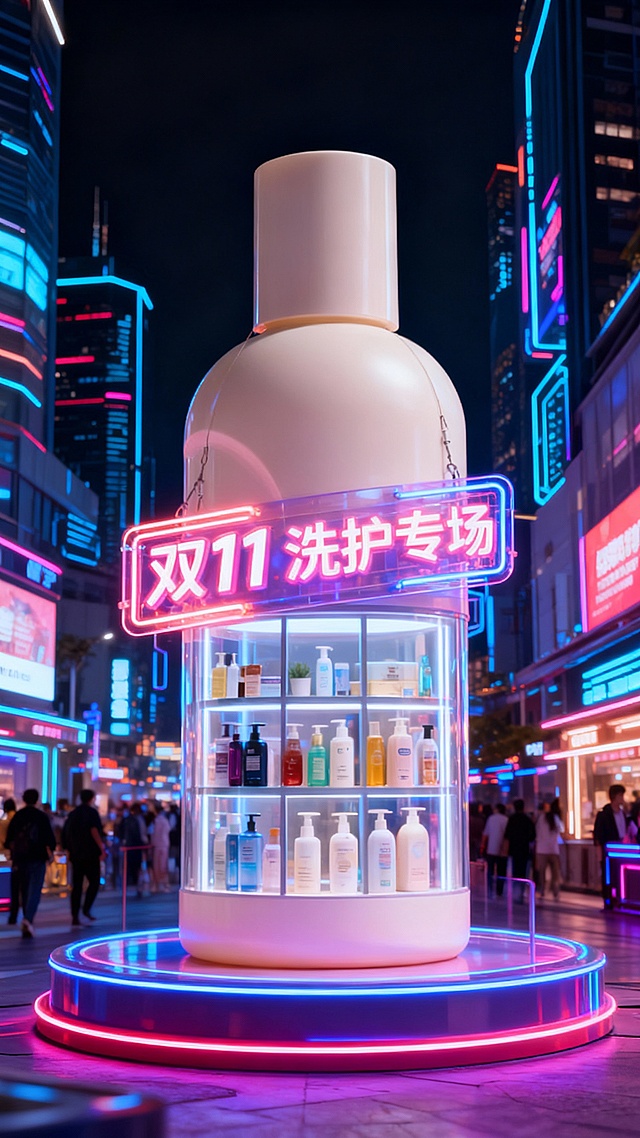 以科技感繁华街区为背景，中央是图中主体巨大化，主体倍放置在霓虹展台上，主体瓶身内设计成橱窗形式，无LOGO，瓶身内展示着各类洗护用品。瓶身上挂着塑料霓虹灯牌效果“双11 洗护专场”。