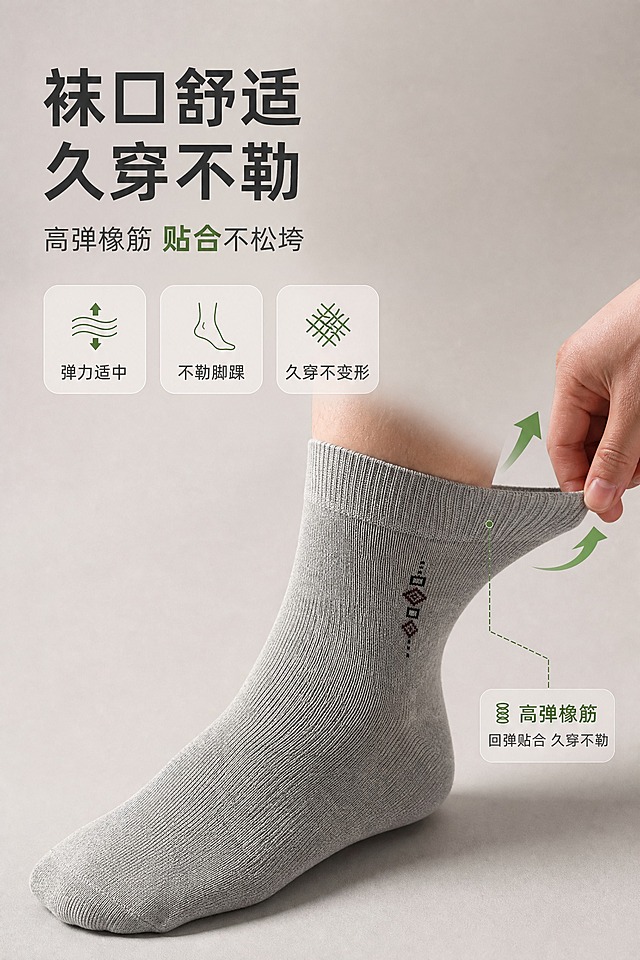 [商品] 使用【图1】浅灰色男士中筒竹纤维袜；商品处理：保留袜子颜色、针织纹理、袜身菱形小标、袜口罗纹、袜跟、袜头和整体版型；自然理顺褶皱，增强袜口罗纹橡筋部位的弹性纹理与高清质感，不改变任何细节。
[画面] 页面目标：展示袜口舒适橡筋、久穿不勒，上文下图竖版构图，下方袜口部位上脚特写+轻微拉伸回弹示意，展示弹力与贴合度，产品占画面约60%，背景为暖灰渐变+细腻哑光底。
[视觉] 套系策略：风格=国内电商高级商业摄影，干净通透有质感；标题字=现代无衬线粗黑体；正文字=简洁无衬线体；主色=暖灰+竹青；背景延展=基于暖灰做深浅层级、同色渐变和细腻哑光质感；强调色=竹青绿，仅用于小面积图标、引线和重点词高亮；标题色=深炭灰；正文色=中暖灰；组件=圆角浅底信息卡、细线引线、弹力小图标；光影=左前侧柔和自然光，突出袜口罗纹纹理。
[文字] 上方主标题「袜口舒适 久穿不勒」，副标题「高弹橡筋 贴合不松垮」，下方3个卖点：弹力适中 / 不勒脚踝 / 久穿不变形；文字横向排版，不遮挡袜口和小腿主体。
[规格] 图片比例2:3竖版，2K分辨率，medium质量，避免变形、错字、文字过小、袜子颜色改变、纹理失真、冷蓝/蓝灰背景、绝对化用语。