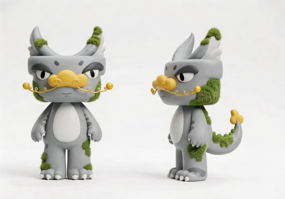 将IP形象的眉毛和眼皮颜色加深，绿色部分改为突出蓬松的小苔藓，胡须改为和鼻子一样的材质，胡须末尾变成小圆球预览效果