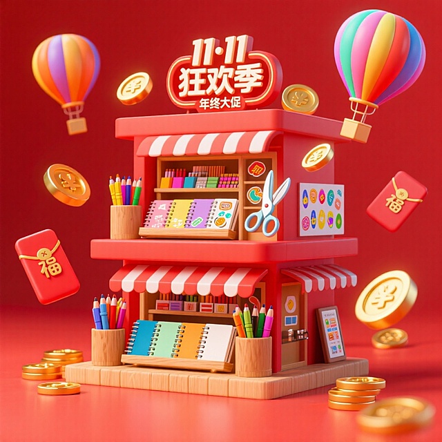 画面主视觉是一家双层文具店，门店招牌挂着“11·11 狂欢季”下方是小字“年终大促”，一楼摆放笔记本、笔筒、笔，二楼摆放贴纸、双面胶、剪刀等，周围环绕着金币、红包、热气球等元素，电商红色氛围。