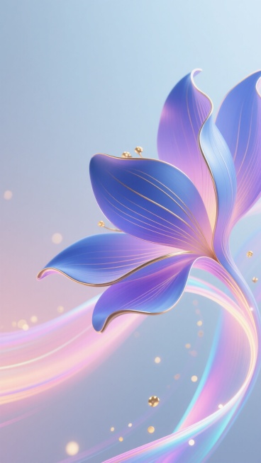 3D渲染风格的抽象花卉装饰图案，以蓝色、紫色和粉色渐变为主色调，画面右侧呈现几片形态优美、边缘微微卷曲的大型花瓣，花瓣表面有细腻的金色纹理线条，整体光影柔和，背景为浅淡的同色系渐变，融入流动感十足的彩色炫光线条，线条从花瓣边缘向外延伸并带有光晕效果，点缀着细小的金色光斑和柔和的散景效果，营造出梦幻、优雅且富有科技感的氛围，构图采用不对称布局，视觉焦点集中在右侧的花瓣主体，整体画面具有平滑的质感……预览效果