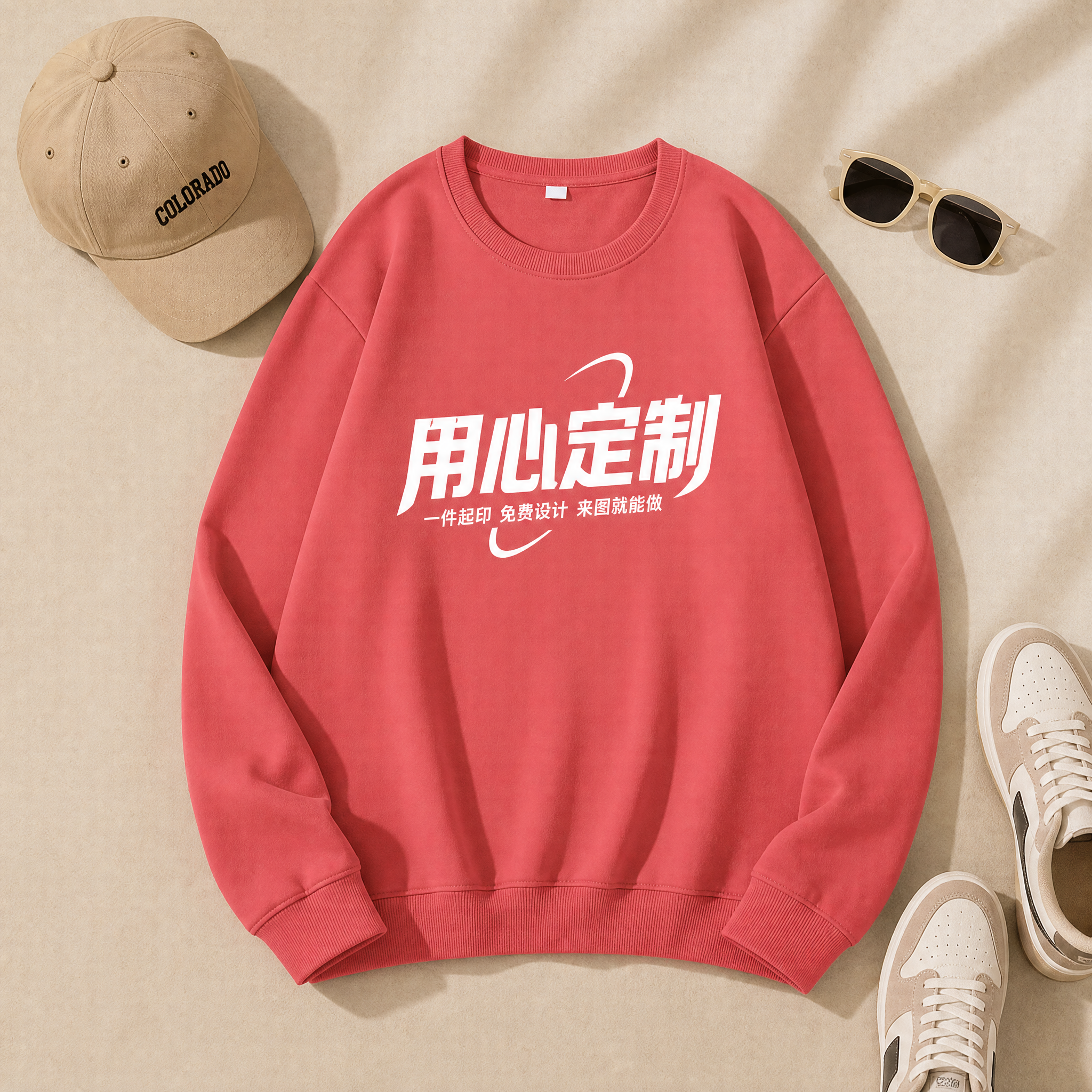 图生图，砖红色圆领卫衣（非连帽）平铺展示，颜色必须与第一张参考… - 图片创意预览