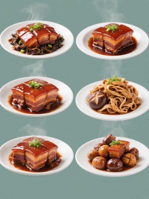一张展示六道不同中式红烧肉系列菜品的美食海报，采用与原图高度一致的超写实摄影风格，纯色背景，每道菜品都呈现出红烧肉特有的油亮红棕色泽，肉质纹理清晰可见，表面覆盖着光泽诱人的浓稠酱汁，点缀着翠绿的葱花，蒸汽效果增添食物的热气腾腾感。六道菜品分别为：经典传统红烧肉、梅干菜扣肉、东坡肉、百叶结烧肉、香菇红烧肉、板栗红烧肉，每道菜品都盛放在类似的白色瓷盘中，整齐排列成两行三列的规整布局，整体画面光影细……预览效果