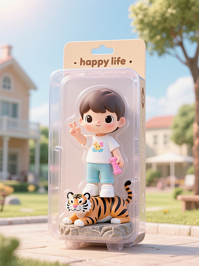 软3D风格卡通人偶，萌趣男孩与小虎相伴，塑料质感包装透出温馨可爱，节日氛围十足。