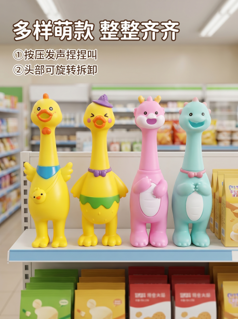[主图 2] 开心乐园玩具整体展示详情页。[氛围风格] 清新自然真实陈列风格。[画质] 商业摄影质感、光线柔和通透、产品清晰真实、画面干净高级。[元素] 四款玩具自然陈列在货架上，保持产品外观造型颜色预览效果