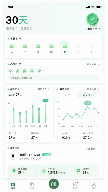 细化生成第二行第二张30天打卡页医疗器械APP界面，参考整体浅绿色清新医疗风格，生成清晰高保真手机界面，包含打卡数据和图表，细节完整预览效果