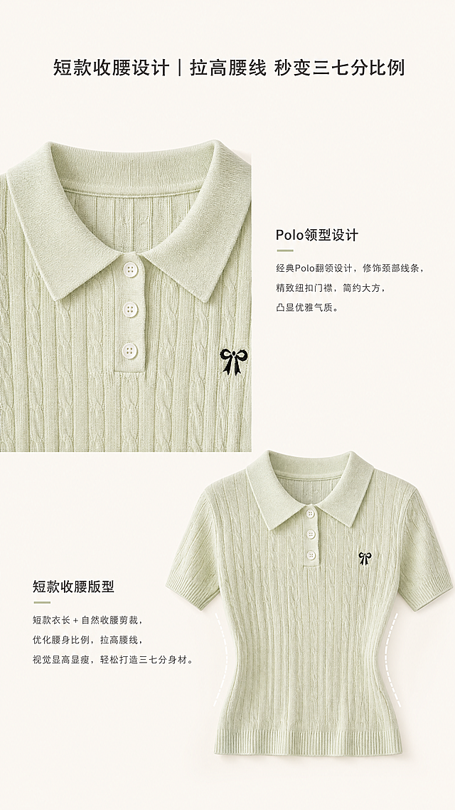 [第5屏] 本屏功能定义：学院风Polo领麻花针织短袖T恤版型优势展示，突出短款收腰设计
[氛围/风格] 韩式极简风，柔和清新色调，干净展示，清晰对比
[元素布局] 左侧展示Polo领领型特写，保持领子的形状、颜色和材质与原图一致；右侧展示短款收腰的腰腹位置版型，展示收腰线条。版型展示保持整体结构和颜色与原图一致。背景为浅奶杏纯色，留出足够文字区域，整体简洁明了。
[光影质感] 均匀柔和自然光，版型轮廓清晰，领型和收腰线条干净利落，质感真实自然。
[配色色系] 全局底色：#F8F5F0（浅奶杏）；T恤保持原图色彩，文字深灰色。
[视角构图] 左右分屏对比构图，领型在上半部分，收腰版型在下半部分，结构清晰，视角为正面平视，主体突出。
[文字版式] 顶部主标题："短款收腰设计｜拉高腰线 秒变三七分比例"。标题在顶部居中，文字说明清晰放置在对应版型位置旁，不遮挡主体，文字清晰可读。
[比例分辨率] 9:16竖版比例，4K分辨率，文字清晰可辨。
[负向提示词] 版型变形，领型错误，颜色偏差，文字错乱，水印，背景杂乱，违规表达。