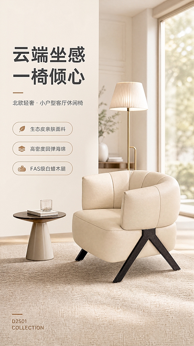 [商品] 使用【图1】D2501米白色休闲椅；保留环抱式靠背、圆润座包、X型交叉实木椅腿、米白色生态皮面料、深色木纹椅腿的整体结构、颜色和比例；商品处理：自然理顺皮面纹理，增强缝线与皮革质感，椅腿木纹清晰，不改变版型结构。
[画面] 目标：建立高级轻奢第一印象，风格空间头图。左文右景构图，左侧约1/3竖列文案区，右侧为现代轻奢客厅大场景，休闲椅置于画面右侧偏中位置，产品占画面约55%；前景浅米色地毯，中景休闲椅+小边几+落地灯，后景虚化的白色墙面与落地窗，暖调午后自然光洒入，营造慵懒高级居家氛围；阅读动线从左上标题到右下产品。
[视觉] 套系策略：风格=高级轻奢商业家居摄影；标题字=现代无衬线粗体；正文字=简洁无衬线体；主色=奶油米白；背景延展=基于奶油米白做深浅层级、同色渐变和细腻哑光墙面/织物质感；强调色=浅焦糖棕，仅用于小面积图标、引线和标签；标题色=深炭灰；正文色=中暖灰；组件=圆角浅底信息卡、细线引线、胶囊形卖点框；光影=左前侧暖柔光，柔和自然阴影。
[文字] 左侧竖列：主标题「云端坐感 一椅倾心」，副标题「北欧轻奢·小户型客厅休闲椅」，3条亮点胶囊框：「生态皮亲肤面料」「高密度回弹海绵」「FAS级白蜡木腿」，底部英文角标「D2501 COLLECTION」；文字不遮挡椅子主体。
[规格] 图片比例9:16竖版，4K分辨率，负向提示：避免变形、错字、文字过小、冷蓝/蓝灰背景、椅子颜色改变、结构失真、极限词、水印、二维码。