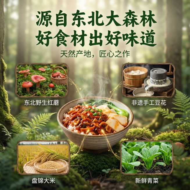 红蘑肉酱豆花饭核心卖点溯源图，森林系风格。画面中心是完整的红蘑肉酱豆花饭，周围用纤细引线标注展示核心原料：东北野生红蘑、非遗手工豆花、盘锦大米、新鲜青菜，每个原料都搭配实物特写小图。背景是朦胧的东北森预览效果