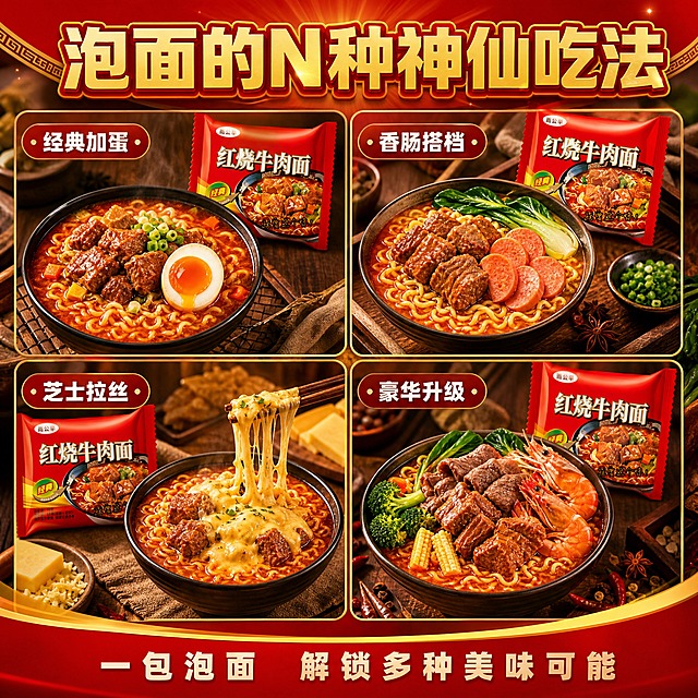 [主图-6] N种吃法 创意搭配主题。
[统一基调] 整体风格为经典红金怀旧风，背景主色为正红色+金黄色渐变，标题字色为金黄色带红边，辅助字色为白色，强调色为金棕色，字体样式为粗黑体厚重有力带立体金边，辅助文案为清爽黑体，卡片用圆角深红色半透明底，整体暖调高光。
[画面] 画面采用四宫格布局，展示红烧牛肉面的四种创意吃法：左上格——加蛋版（卧一个溏心蛋），右上格——加肠版（加火腿肠和青菜），左下格——芝士版（撒芝士拉丝），右下格——豪华版（加牛肉片+虾+蔬菜）。每个格子里都有一碗不同搭配的红烧牛肉面，旁边放着产品袋装。四格之间有细细的金色分隔线，整体画面丰富有趣，展示泡面的多种可能性。
[光影质感] 每格都有统一的暖光照明，每碗面都有不同的食材亮点，芝士拉丝、溏心蛋流心等细节清晰，产品包装袋在每格中自然出现，商业美食摄影质感，丰富有趣。
[配色] 红金为主色调，四格画面色彩丰富但整体统一，各种食材的颜色点缀，整体饱满有食欲。
[文字版式] 画面顶部居中主标题粗黑立体金边"泡面的N种神仙吃法"，下方四个格子分别标注小字"经典加蛋""香肠搭档""芝士拉丝""豪华升级"。文字放在深红色半透明圆角小卡片上，不遮挡面条主体。
[输出要求] 1:1正方形，2048*2048，四宫格布局清晰，每种吃法都有食欲，产品清晰，无变形错字，无水印无平台Logo，画面丰富有趣味性。