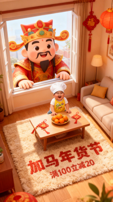 3d卡通风格，客厅景观。Q版巨大灶王爷（形象软萌）从窗户外探身进来，双手把图中主体放在客厅桌上（桌面摆放橘子、果盘），客厅装饰中国结、灯笼元素，暖色调喜庆氛围，画面底部毛绒地毯上绣着“加马年货节”“满预览效果